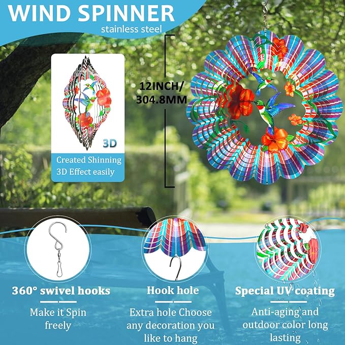 Hummingbird Wind Spinner,Hummingbird Gift for Women/Mother/Father,12In Stainless Steel 3D Wind Spinner Hanging Kinetic Yard Garden Christmas Ornaments,Outdoor & Indoor Wind Sculptures