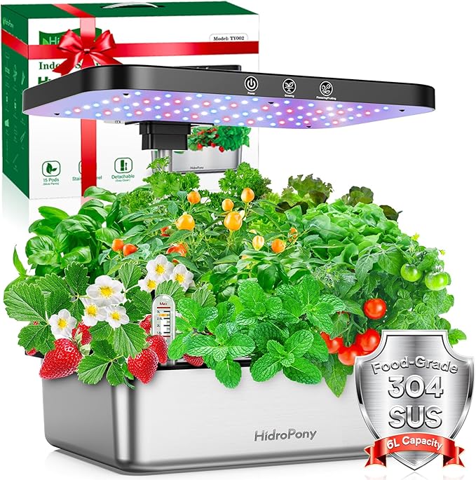 Hydroponics Growing System Indoor Garden - Herb Garden with Grow Light, 15 Pods Stainless Steel Indoor Garden Kit, Auto Timer, Gardening Gift for All Ages