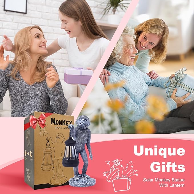 Garden Statue Monkey Figurine - Monkey Decor with Solar Powered Led Lights for Patio Lawn Balcony Yard - Ideal Gift for Women Moms Grandma Housewarming