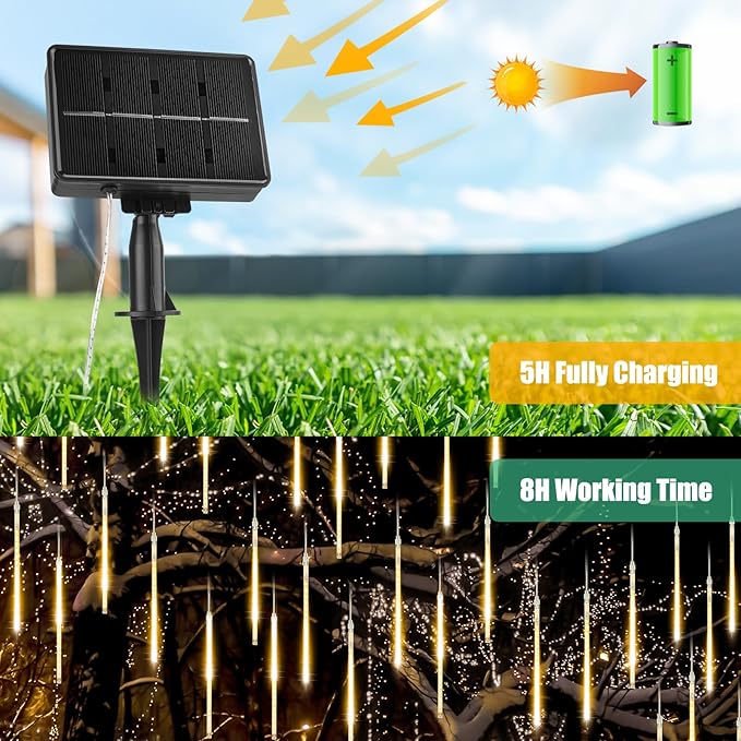 Solar Meteor Shower Lights Outdoor - 576 LED Rain Drop Lights with 16 Tubes, 16 Inches - Solar Powered Christmas Decorations for Tree Bushes Holiday Party Christmas Decor, Warm White