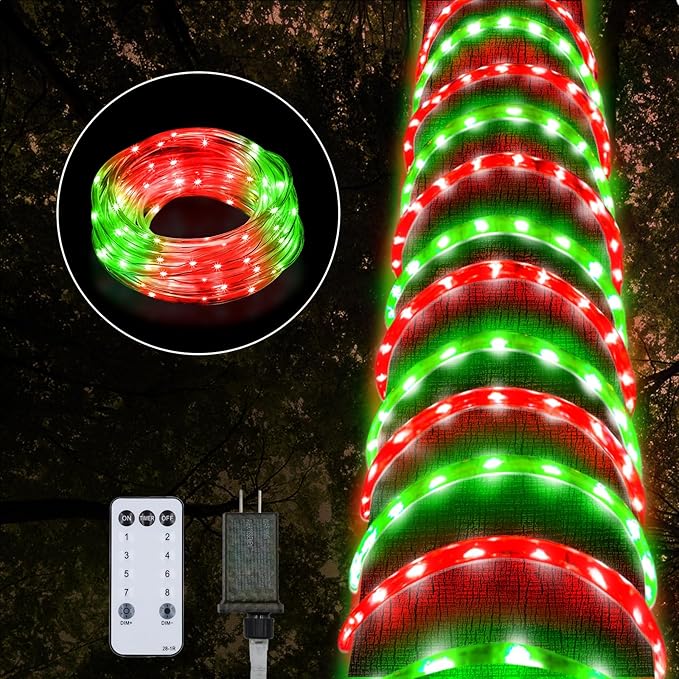 Christmas Rope Lights Outdoor, 50Ft 600 LED Red and Green String Lights, Waterproof Tube Light Plug in 8 Modes Timer Memory, Permanent Christmas Lights for Tree Fence Yard House Decorations
