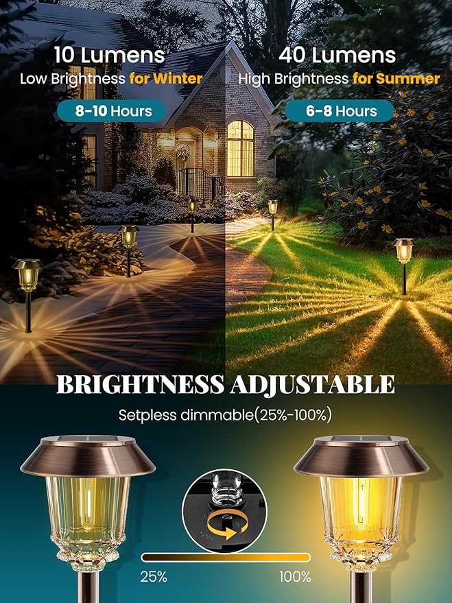 Solar Lights Outdoor Waterproof,6 Pack Bronze Pathway Lights with 10-40 LM Dimmable Glass and Metal, Solar Powered Garden Decor for Yard,Patio,Pathway,Driveway(Warm White)