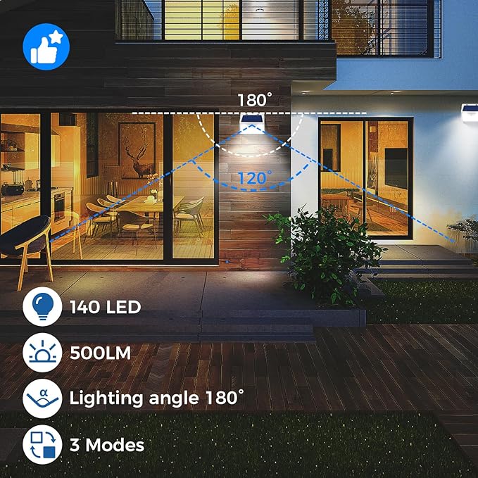 Peasur Solar Powered Lights Outdoor Motion Sensor, 2 Pack 140 LED Fence Light Waterproof, White Frame Security Wall Lighting for Outside Deck Yard Patio House Step