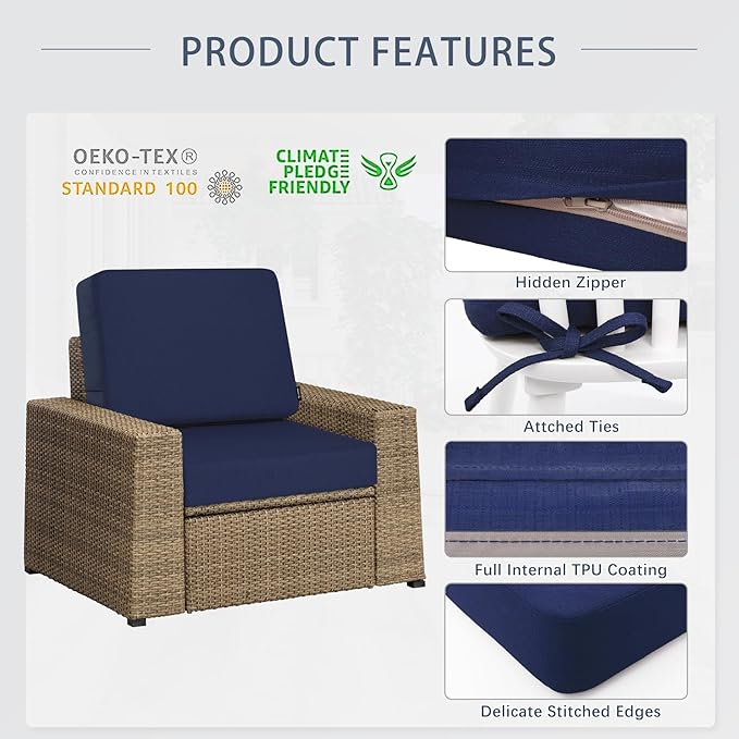 Favoyard Outdoor Deep Seat Cushion Set, 22 x 22 Inch Rainproof & 3-Year Fade Resistant Patio Furniture Cushions, Removable Seat Bottom & Back Cushion Covers with Ties for Chair, Sofa, Couch, Blue