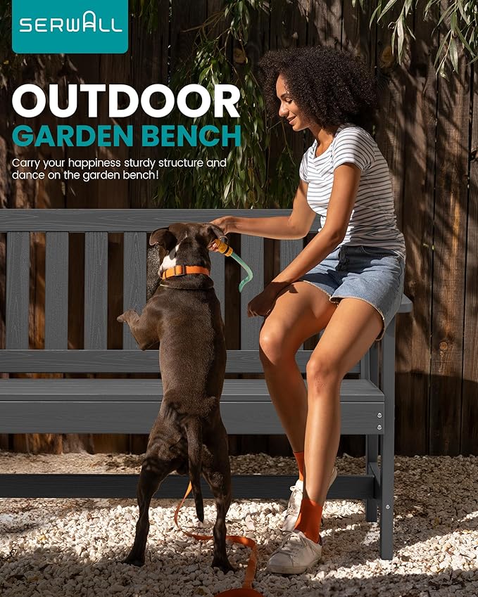 SERWALL Outdoor Bench, HDPE Outdoor Benches Weatherproof, 2-Person Garden Bench with 660 lbs Weight Capacity, Patio Benches for Outdoors, Garden, Porch, Backyard and Park, Grey