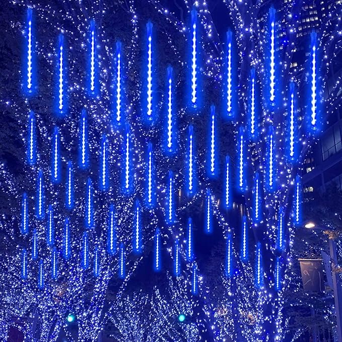 YIQU 2-Pack Extendable Christmas Lights Outdoor,16 Tubes 384 led Meteor Shower Rain Lights Led Falling Icicle Lights Perfect for Christmas Holiday Party Home Patio Outdoor Decorations(Blue)