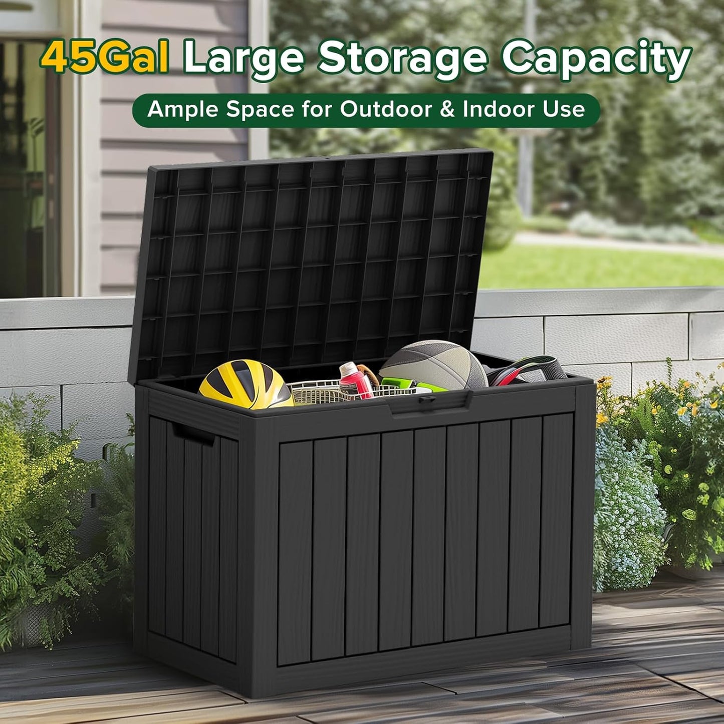 45 Gallon Waterproof Large Resin Deck Box Indoor/Outdoor Lockable Storage Container and Seating for Garden, Pool, and Patio (45 Gallon, Black)