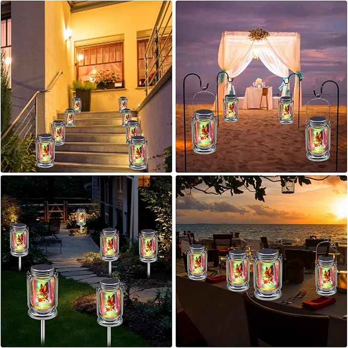 2 Pack Solar Fairy Lanterns for Garden Outdoor Decorations-Gifts for Mom Women Grandma,Outdoor Flower Fairies Silver Glass Mason Jars,Hanging Lamp with Stake for Home Yard Patio Lawn Party