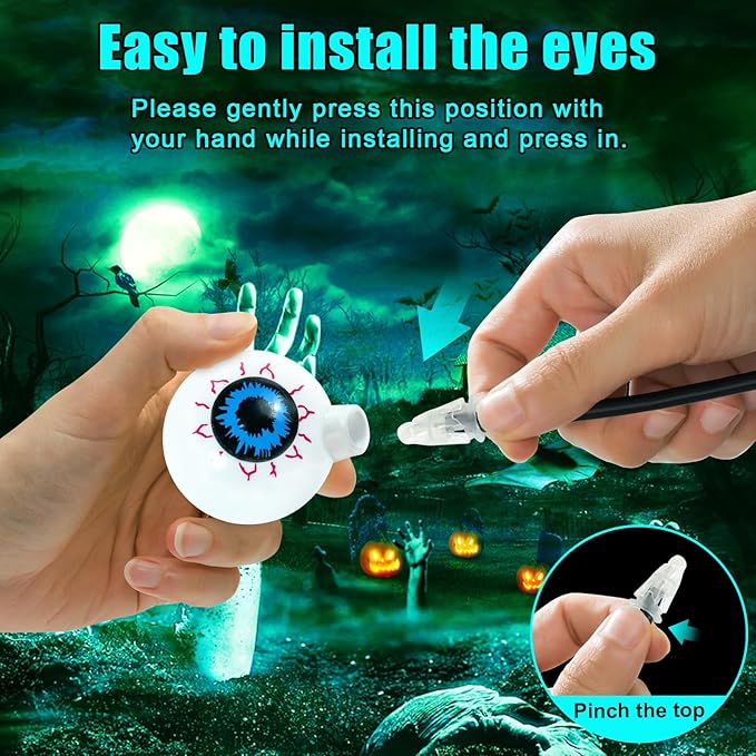 Solar Halloween Decorations, 4 Pack 24 LED Spooky Eyeball Lights, Green Eyeball Swaying Firefly Lights,Waterproof Solar Halloween Path Lights for Yard Garden Lawn Party Decor