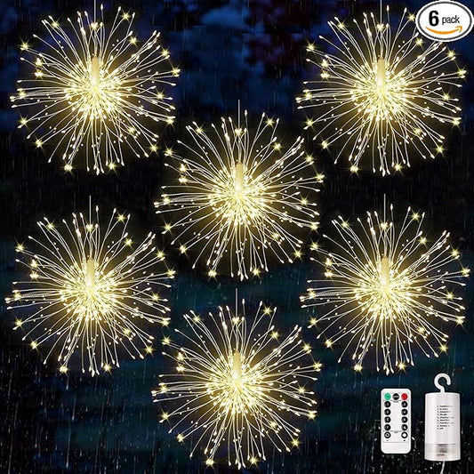 6 pack Firework Lights Copper Wire Led Lights, Dimmable Battery Operated Hanging Lights with 8 Modes, Remote Control, Waterproof Fairy String Lights for Home, Patio, Christmas Decoration