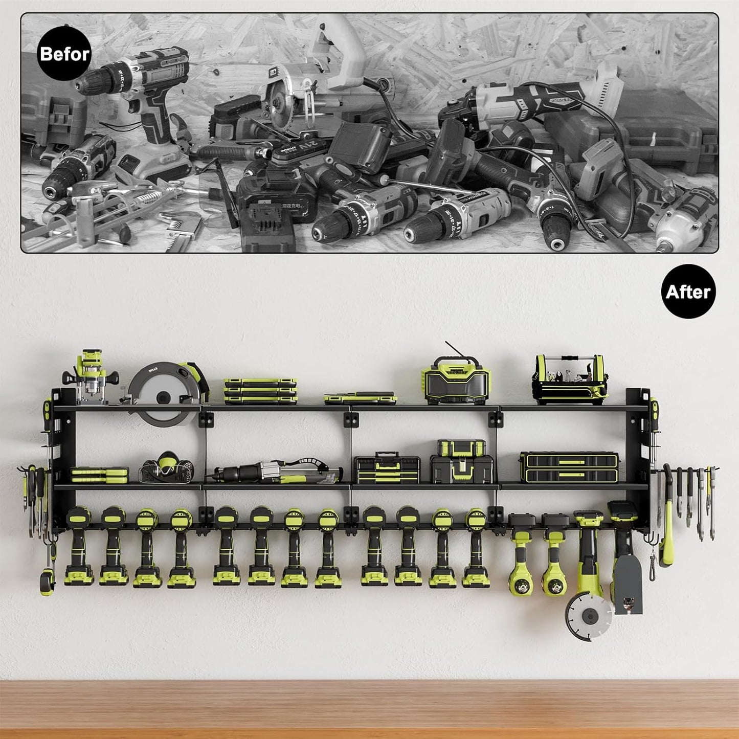 64" Power Tool Organizer Wall Mount, 16 Slots, 3-Tier Drill & Cordless Tool Storage Holder with Pegboard Sides, Tool Wall Organizer for Garage & Workshop Black