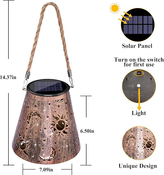 Toodour Solar Lantern Outdoor, Hanging Solar Outdoor Lights Garden Decor, Waterproof Hollow Out Retro Metal Sun & Moon Decorative Lights for Patio, Balcony, Yard, Walkway, Outdoor Decorations