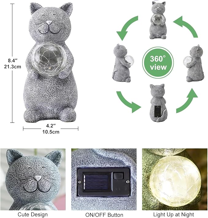 Solar Cat Statue - Garden Decor with LED Lights, Perfect for Mom or Grandma (Gray Cat)