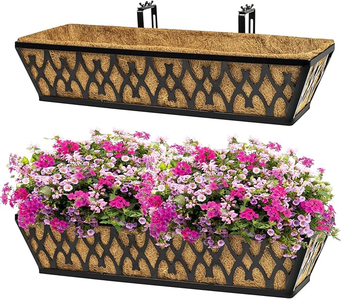 2 Pack 24 Inch Window Boxes Planters Railing Planter Box with Adjustable Brackets for Porch Fence Patio Balcony Hanging Flower Baskets with Coco Liners for Outdoor Garden Décor - Black