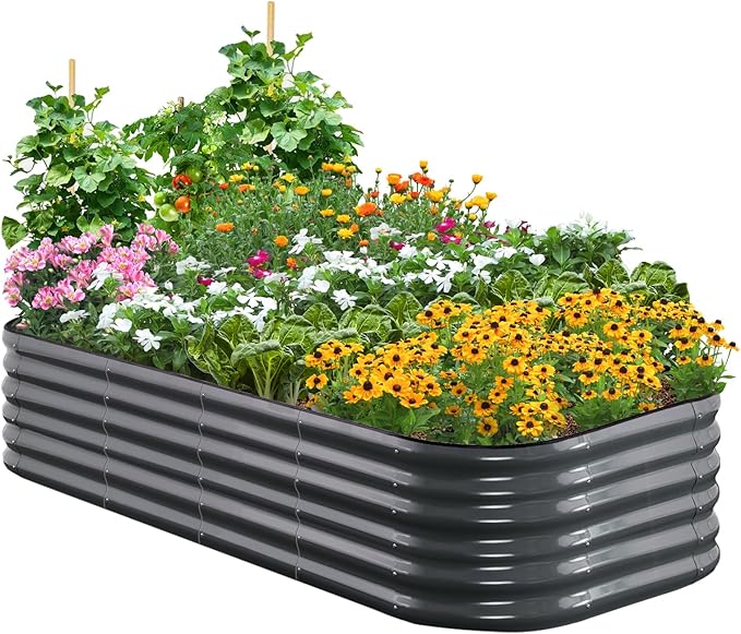 Quictent Galvanized Raised Garden Bed Kit, 6x3x1.5 ft Oval Metal Planter Box Tall for Vegetables Outdoor Backyard, Rubber Strip Edging Included, Dark Gray