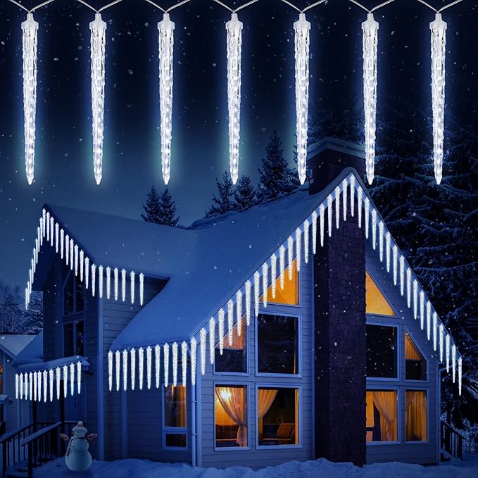 Christmas Icicle Lights Outdoor, 10Ft Meteor Shower Lights with 10 Ice Shaped Tube, Snowfall Shooting Star Light Effect, Falling Crystal Christmas Decorations for House Eave Roofline, Cool White