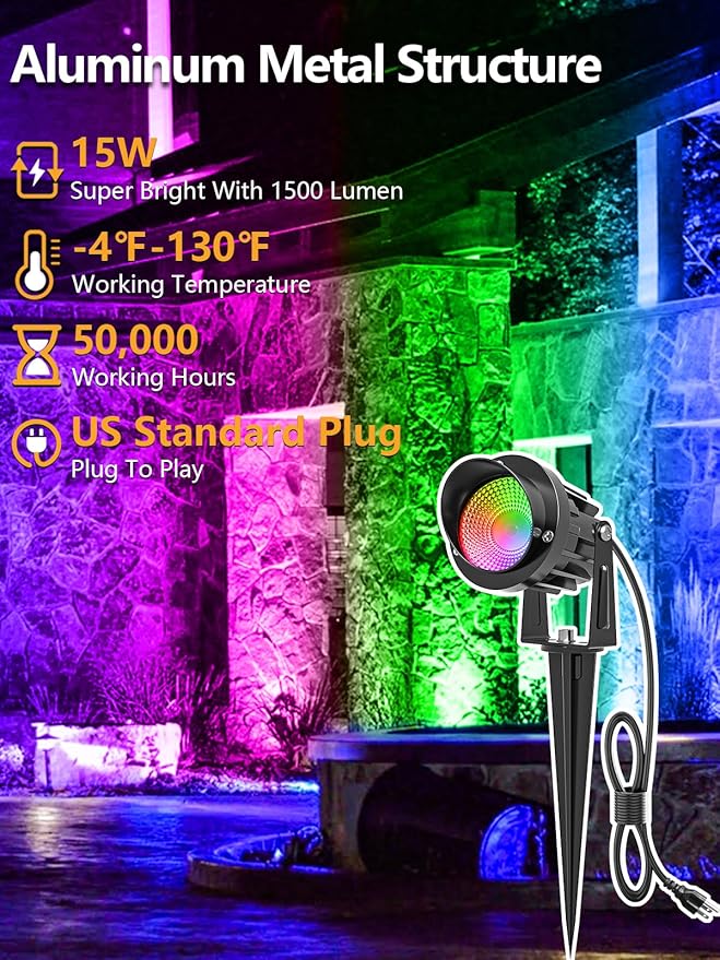 ZUCKEO 15W Christmas Spotlights Outdoor Spot Lights RGB Color Changing Landscape Lights, 120V Waterproof LED Spotlight with Remote & Plug for Yard Garden Path House Halloween Decorations (2Pack)