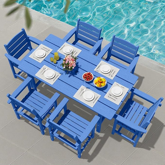Patio Dining Set for 6 with Umbrella Hole - 66" Outdoor Table & 6 Chairs, All-Weather HDPE Outdoor Furniture for Lawn, Garden, Backyard, Poolside, Navy