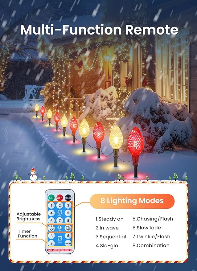 Minetom Solar Double C9 Strawberry Christmas Pathway Lights Outdoor -16FT 10 LED C9 Christmas Lights Outdoor with Timer,8 Modes,Solar Christmas Outdoor Decorations for Lawn Outside, Red & Warm White