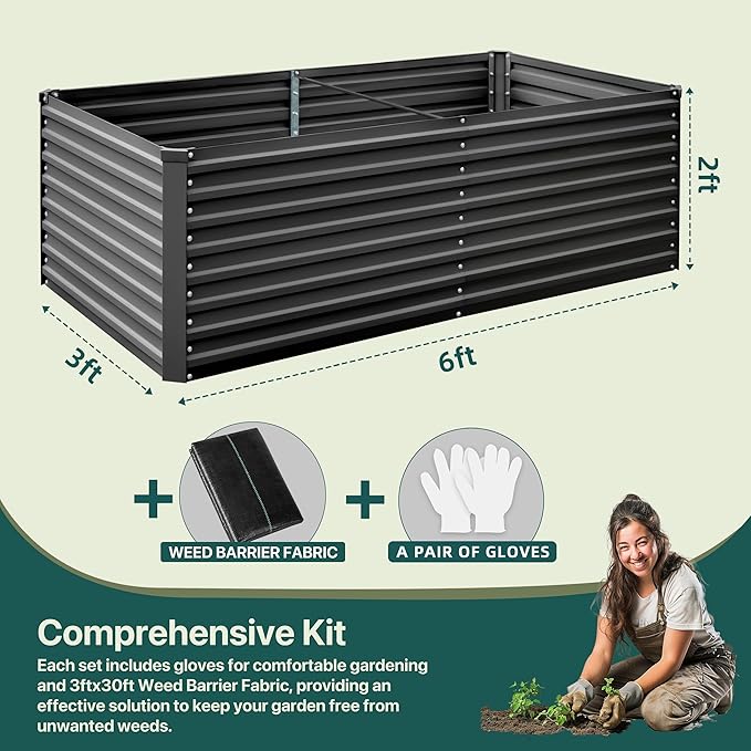Raised Garden Bed 6x3x2ft, Galvanized Raised Garden Beds Outdoor for Vegetables Flowers Herbs, Steel Large Deep Planter Box, Tall Raised Garden Bed with 3ftx30ft Weed Barrier Fabric and Glove, Black