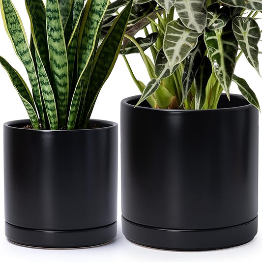 D'vine Dev 8 Inch & 10 Inch Ceramic Planter Pot for Plants with Drainage Hole and Saucer, Large Plant Pots Set, Black, 94-G-L-2