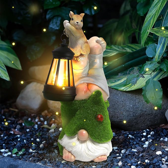 Garden Gnome with Squirrel Outdoor Statue,Flocked Gnome Statue Holding Lantern with Solar Lights,Outdoor Gnomes Decorations for Yard Patio Lawn Porch,Gifts for Mom