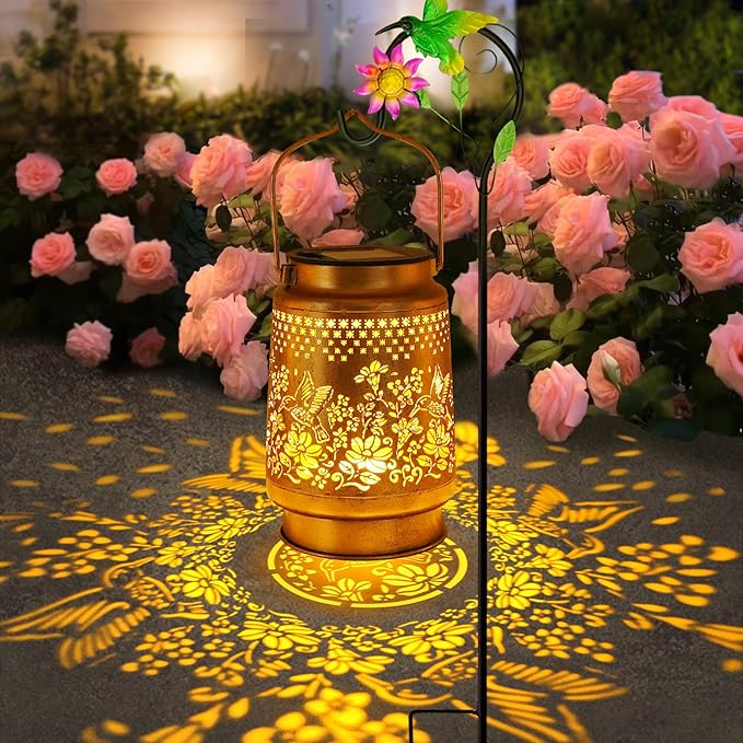 Solar Lanterns Outdoor Hummingbird Garden Decor, Birthday Gifts for Women Mom Grandma Metal Hanging Lantern Lights Waterproof Solar Lights with Shepherd Hook LED Decoration for Garden Yard Patio Lawn