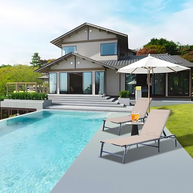 Outdoor Chaise Lounge Chair, Foldable & Assemble-Free, 6 Adjustable Positions, Durable Rust-Resistant Frame, Portable Outdoor Pool Lounge Chairs for Pool Patio Beach, Khaki