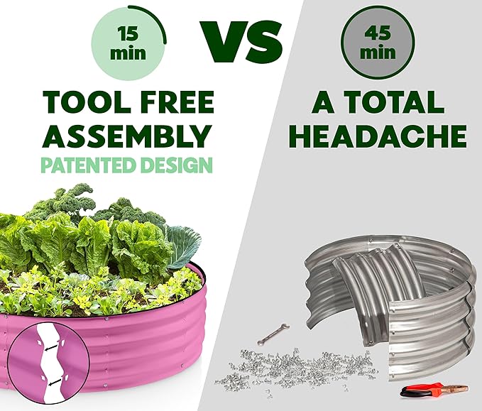 Round Galvanized Raised Garden Bed // 4×4×1 ft Galvanized Raised Garden Beds Outdoor for Gardening, Vegetables, Flowers // Patented Tool-Free Design Round Planter (Pink)