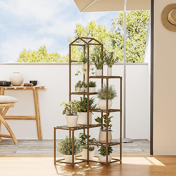 Bamworld Corner Plant Stand Indoor Tall Plant Shelf Outdoor Wood Plant Table for Multiple Plants Hanging Plant Rack for Window Garden Balcony Living Room