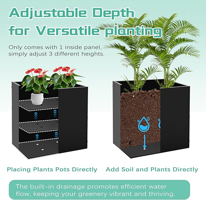 Metal Rectangular Planter Box, Small Planter Boxes Outdoor, 18''L x 18''W x 20''H Heavy Duty Plant Box with Removable Insert Shelf, 3 Tier Adjustable Height Tall Garden Planter for Plants, Flowers