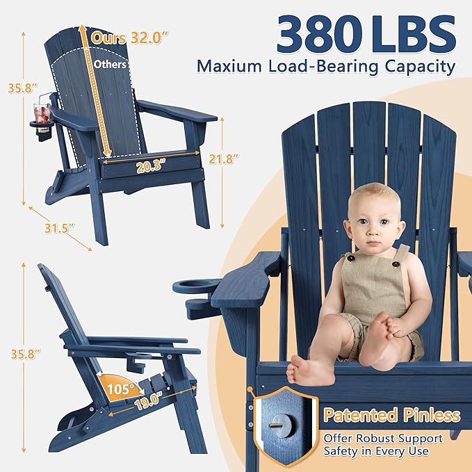 Folding Adirondack Chair Set of 2 with Cup Holder, HDPE All Weather Resistant Plastic Outdoor Patio Chairs, Heavy Duty Fire Pit Seating for Backyard Lawn Garden, Wooden Textured Design(Navy Blue)