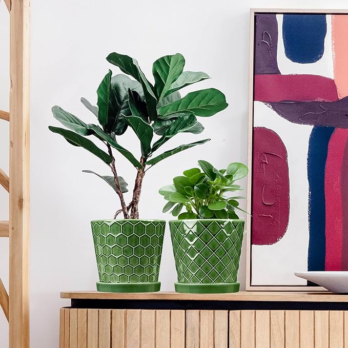 BUYMAX Plant Pots Indoor –6 inch Ceramic Flower Pot with Drainage Hole and Ceramic Tray - Gardening Home Desktop Office Windowsill Decoration Gift, Set of 2(Patina)