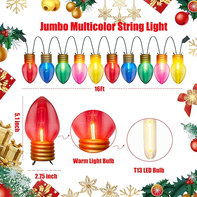 Jumbo Christmas Lights 16FT C9 Outdoor Christmas Decorations Hanging Lights with 10 5'' LED Giant C9 Multicolor Bulbs, Connectable Vintage Christmas Lights for Holiday Home Tree Roof Yard Garden Lawn
