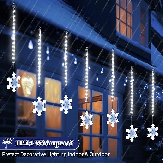 Enhon 2 Pack Meteor Shower Snowflake Lights Outdoor with Timer, Total 480 LED 12in 16 Tube Connectable Waterproof Meteor Rain Drop Christmas Light with Snowflake for Xmas Tree Roof Garden(Cool White)