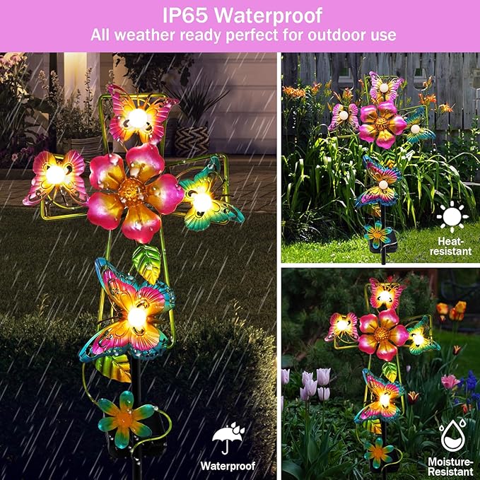 Solar Cross Garden Lights, Solar Butterfly Stake Lights Cemetery Decorations for Grave, Jesus Cross Sympathy Memorial Gifts for Mother Grandma, Metal Garden Art for Yard Lawn Patio Decor