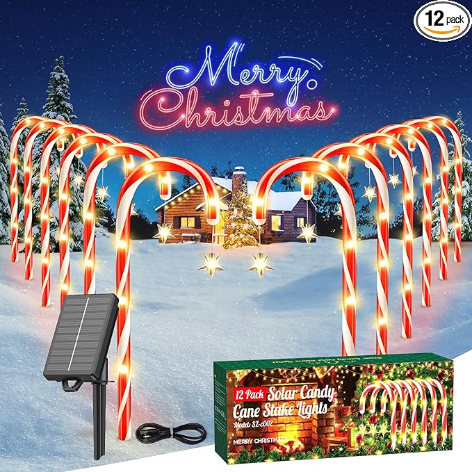 WdtPro Outdoor Christmas Decoration, 12 Pack 28.3FT Solar Powered 72 LED Christmas Candy Cane Lights with Stakes, 10 Lighting Modes Waterproof Christmas Lights Outside Decorations for Yard, Garden