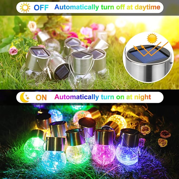 MAXvolador 12-Pack Hanging Solar Lights, Decorative Cracked Glass Ball Light, Multicolor Solar Powered Waterproof Globe Lighting for Garden, Tree