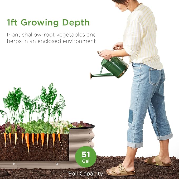 Best Choice Products 4x2x1ft Outdoor Metal Raised Garden Bed, Oval Deep Root Planter Box for Vegetables, Flowers, Herbs, and Succulents w/ 51 Gallon Capacity, Rubber Edge Guard - Taupe
