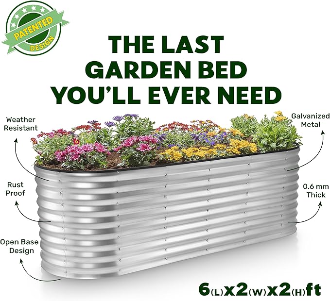 Galvanized Raised Garden Beds Outdoor // 6×2×2 ft Planter Raised Beds for Gardening, Vegetables, Flowers // Large Metal Garden Box (Silver) // Patented Tool-Free Design