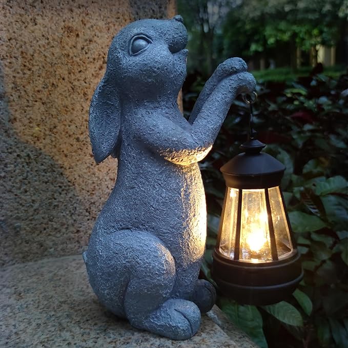 Rabbit Solar Garden Outdoor Statues,Resin Rabbit Figurine Decorations with Solar Lights Lantern, Outdoor Rabbit Art Decor for Lawn,Yard, Unique Housewarming Gift for Garden Home