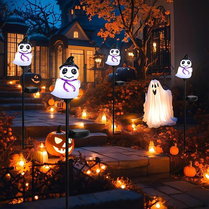 Afirst Halloween Ghosts Pathway Solar Lights Handblown Glass Waterproof Outdoor Halloween Decoration Solar LED Outdoor Décor Front Porch Decor 2 Pack