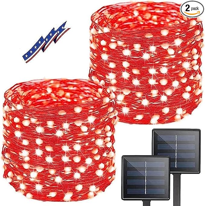 Solar String Lights Outdoor, 2-Pack Total 80FT 200 LED Solar Christmas Twinkle Lights Outside Waterproof Copper Wire 8 Modes Solar Fairy Lights for Garden Tree Party Birthday Christmas Decor (Red)