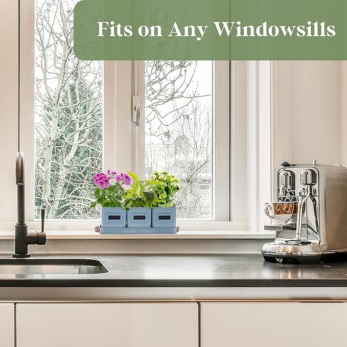 PERFNIQUE Indoor Herb Garden, Herb Garden Planter Set with Tray, Farmhouse Indoor Plant Pots, Windowsill Herb Garden with Drainage(Planter only) for Indoor/Outdoor, Window Pots(Sky Blue)