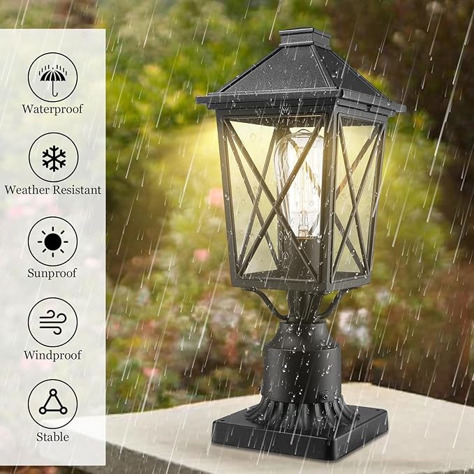 Darkaway Outdoor Post Lights, Aluminum Exterior Post Lantern Light Fixture with Seeded Glass, E26 Socket Fence Pole Deck Lighting for Garden Patio Pathway