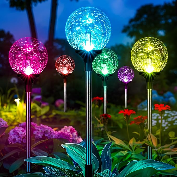 Gigalumi Solar Garden Lights Decorations 6 Pack, Outdoor Solar Lights for Yard Decorative, Multi-Colored Changing Garden Globes Waterproof Cracked Glass Ball with LED Lights Decor for Patio Landscape