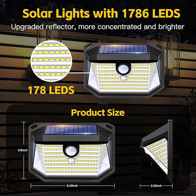 Solar Lights Outdoor Motion Sensor, 178 LED 300LM Waterproof IP65, Wall Mounted Security Light with 3 Modes, 270° Wide AngleWide Angle, Solar Powered for Garden, Yard, Patio, Front Door(2Pack)