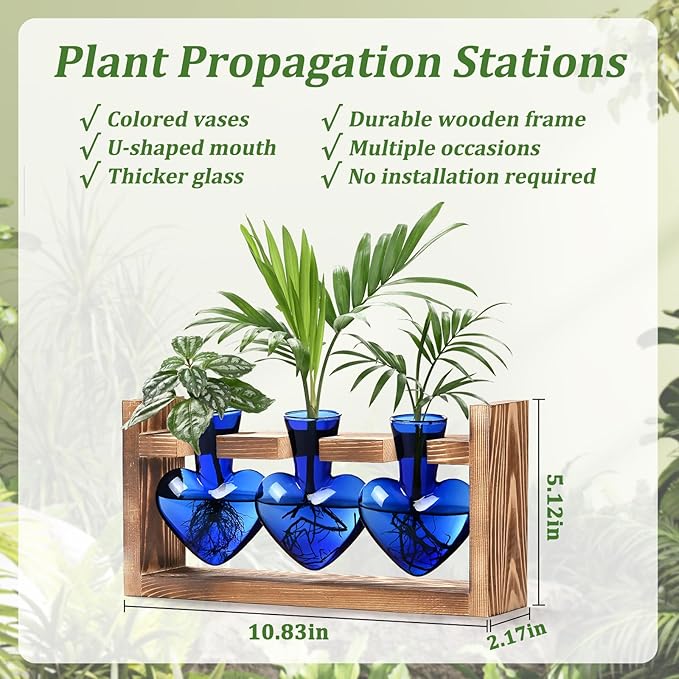 Lifecapido Heart Shaped Propagation Stations, Plant Terrarium with Wooden Stand, Plant Propagation Station for Hydroponics Plants Office Garden Home Decor, Gifts for Women Plant Lover (3 Vases, Blue)