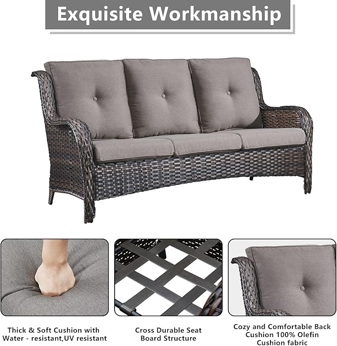 Outdoor Wicker Patio Furniture Set - 6 Piece Rattan Patio Conversation Set with 2 Rocking Swivel Chairs,2 Ottomans,1 Sofa and 1 Coffee Table for Porch Deck Backyard Garden(Brown/Grey)