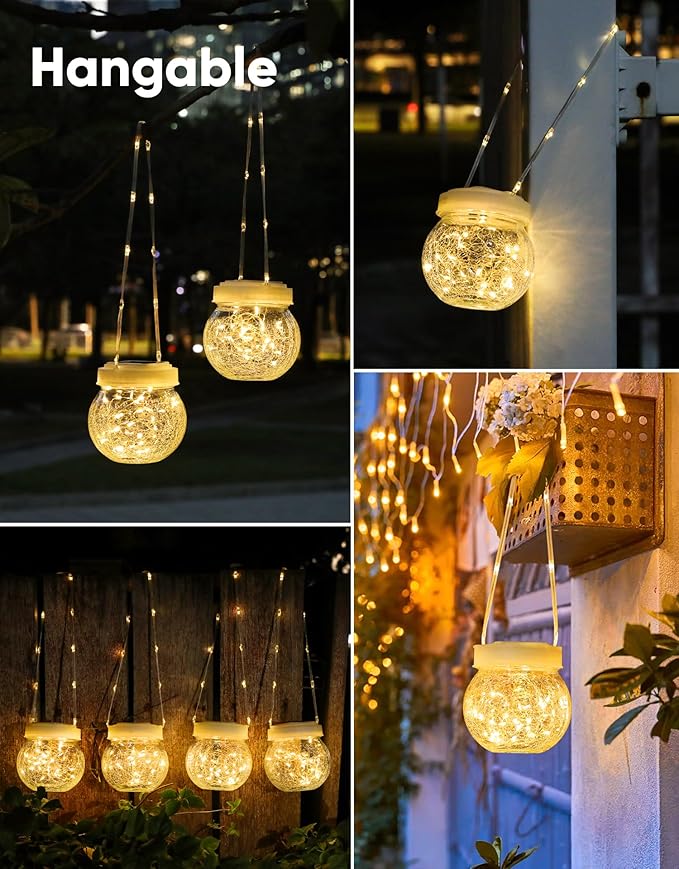 Solar Lantern Solar Lights Outdoor Waterproof 2-Pack, Solar Powered Hanging Lights Cracked Glass Hanging Globes for Christmas Decoration, Shepherd Hook, Garden Tree Ornaments, White Cap, Warm White